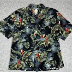 Banana Cabana‎ Shirt Mens XL Black Tropical Parrot Silk Hawaiian Button Front